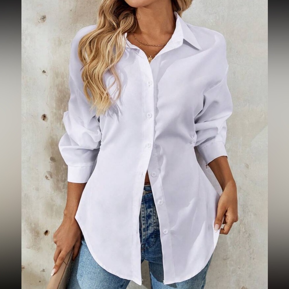 White Elegant Collared Clenched Waist Button Down Top - Picture 6 of 6